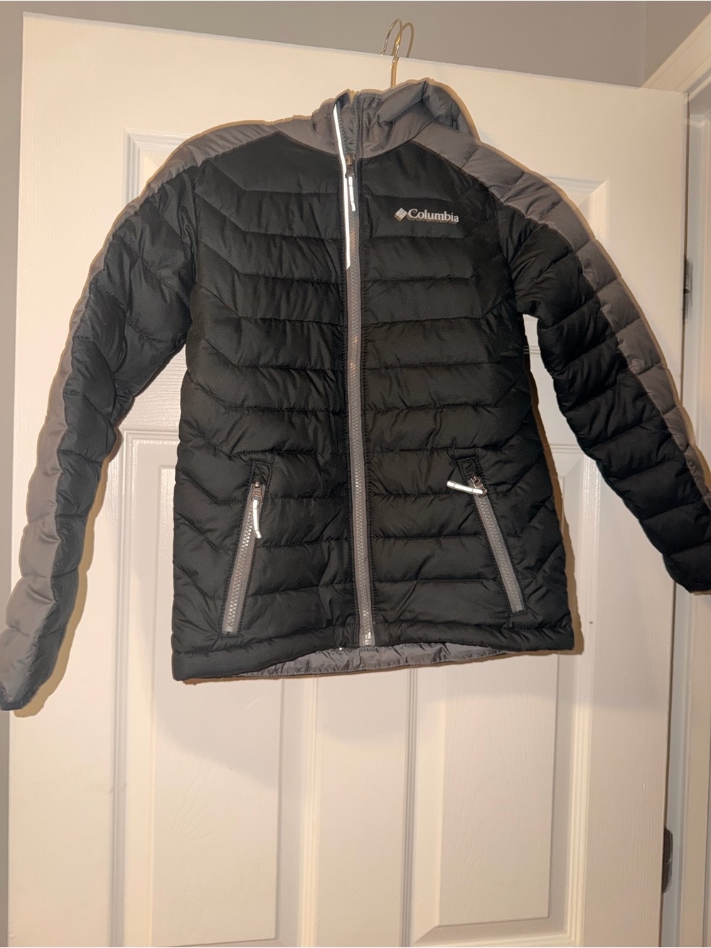 Columbia Youth Hooded Puffer Jacket M 10/12 Black Gray